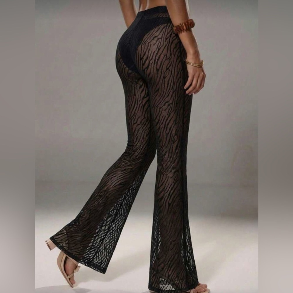 New High Waist Black Sheer Mesh Swimsuit cover Up Zebra Print Pants size M/L - Picture 4 of 7